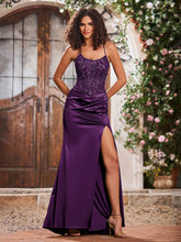 Spaghetti Straps Corset Bodice Stretch Satin Gowns With Slit Grape