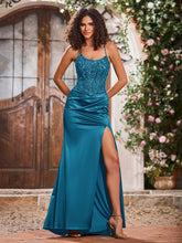 Spaghetti Straps Corset Bodice Stretch Satin Gowns With Slit Ink Blue