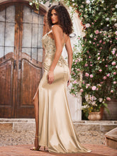 Spaghetti Straps Corset Bodice Stretch Satin Gowns With Slit Peach