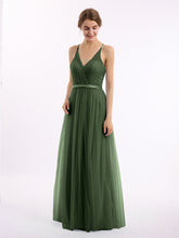 Long Tulle Dress with Deep V Neck Satin Sash Decor Olive Green