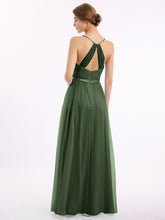 Long Tulle Dress with Deep V Neck Satin Sash Decor Olive Green