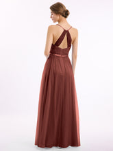 Long Tulle Dress with Deep V Neck Satin Sash Decor Terracotta