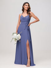 Sexy Cowl Neck Ruched Chiffon Long Dress with Slit Periwinkle