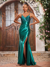 V-neck Spaghetti Straps Stretch Satin Long Dresses With Slit Dark Green