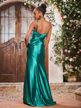 V-neck Spaghetti Straps Stretch Satin Long Dresses With Slit Dark Green