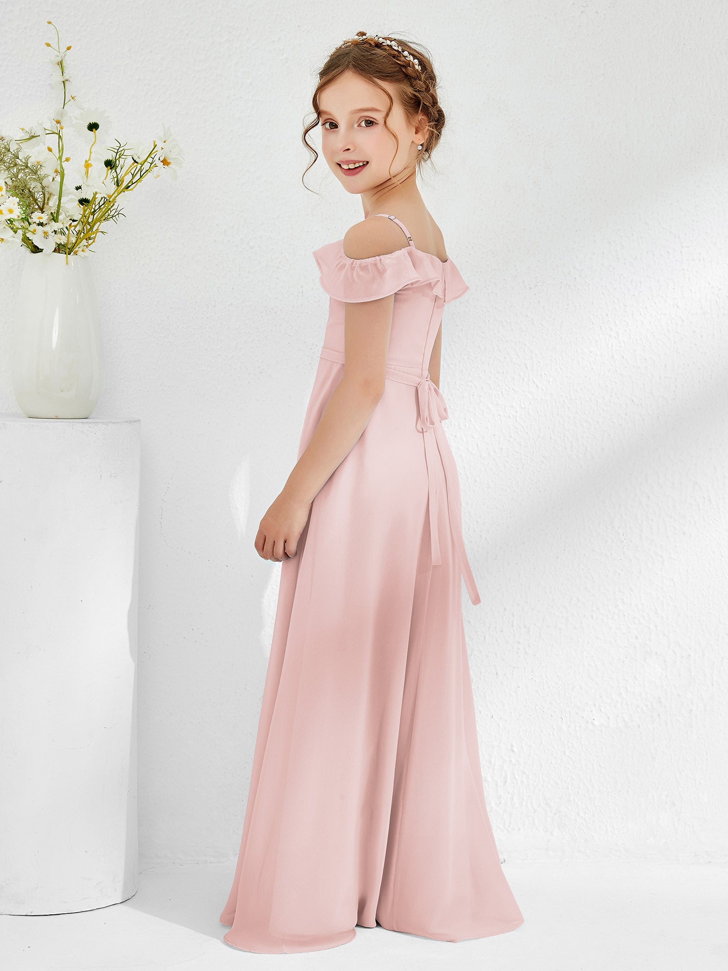Off-the-shoulder Junior Bridesmaid Dresses with Sash Dusty Rose