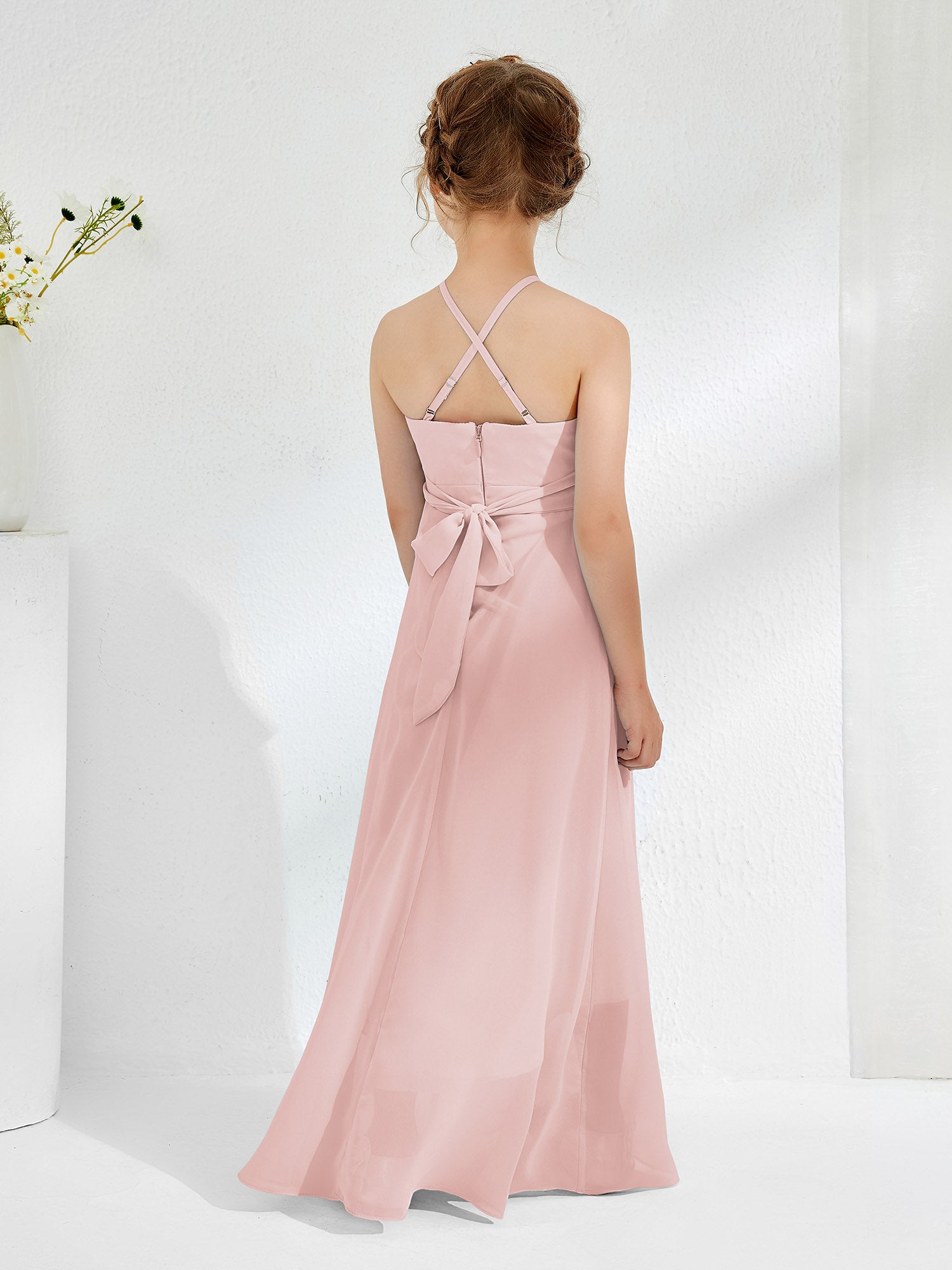 Halter Neckline A-line Chiffon Junior Bridesmaid Dresses Dusty Rose