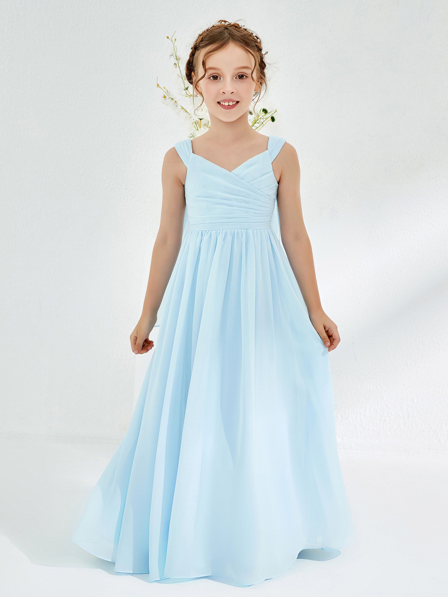 BABARONI Chiffon Sky Blue Junior Bridesmaid Dresses A-line V-neck Floor