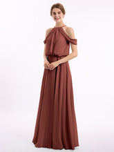 Off-Shoulder Halter Chiffon Dress with Blouson Bodice Terracotta