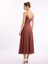 Spaghetti Straps Chiffon Dress with V Neck & Sash Bow Terracotta