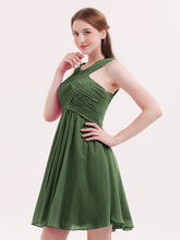 Cross Pleated Bodice Short Chiffon Dresses Olive Green