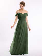Off the Shoulder Long Tulle Gown with Sweetheart Neck Olive Green