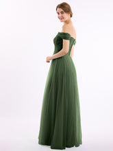 Off the Shoulder Long Tulle Gown with Sweetheart Neck Olive Green