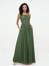 Square Neck Spaghetti Straps Chiffon Dresses Olive Green