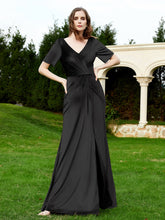 Half Sleeve V-neck Velvet Dress With Slit Black