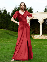 Half Sleeve V-neck Velvet Dress With Slit Burgundy