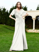 Half Sleeve V-neck Velvet Dress With Slit Ivory