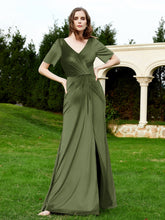 Half Sleeve V-neck Velvet Dress With Slit Olive Green