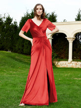 Half Sleeve V-neck Velvet Dress With Slit Red