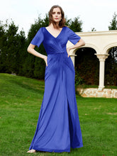 Half Sleeve V-neck Velvet Dress With Slit Royal Blue