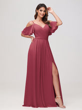 Off-the-shoulder A-line Ruched Chiffon Dress with Slit Cinnamon Rose