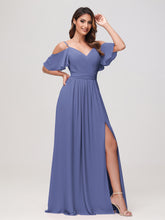 Off-the-shoulder A-line Ruched Chiffon Dress with Slit Periwinkle