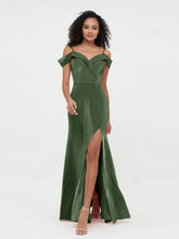 Off Shoulder Long Velvet Dresses with Slit Olive Green