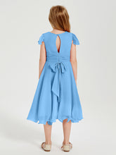 Chiffon Tea Length Junior Bridesmaid Dresses Blue