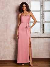 Sheath/Column Cowl Neck Satin Dresses with Slit Flamingo