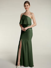 Mermaid Chiffon One Strap Dress with Slit Olive Green