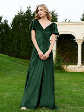 Flutter Sleeves V-Neck Velvet Dress With Slit Dark Green
