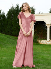 Flutter Sleeves V-Neck Velvet Dress With Slit Dusty Rose