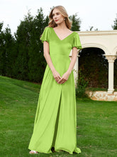 Flutter Sleeves V-Neck Velvet Dress With Slit Lime Green