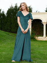 Flutter Sleeves V-Neck Velvet Dress With Slit Peacock