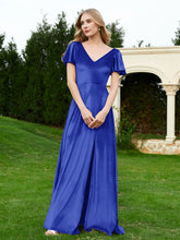 Flutter Sleeves V-Neck Velvet Dress With Slit Royal Blue