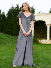 Flutter Sleeves V-Neck Velvet Dress With Slit Steel Grey