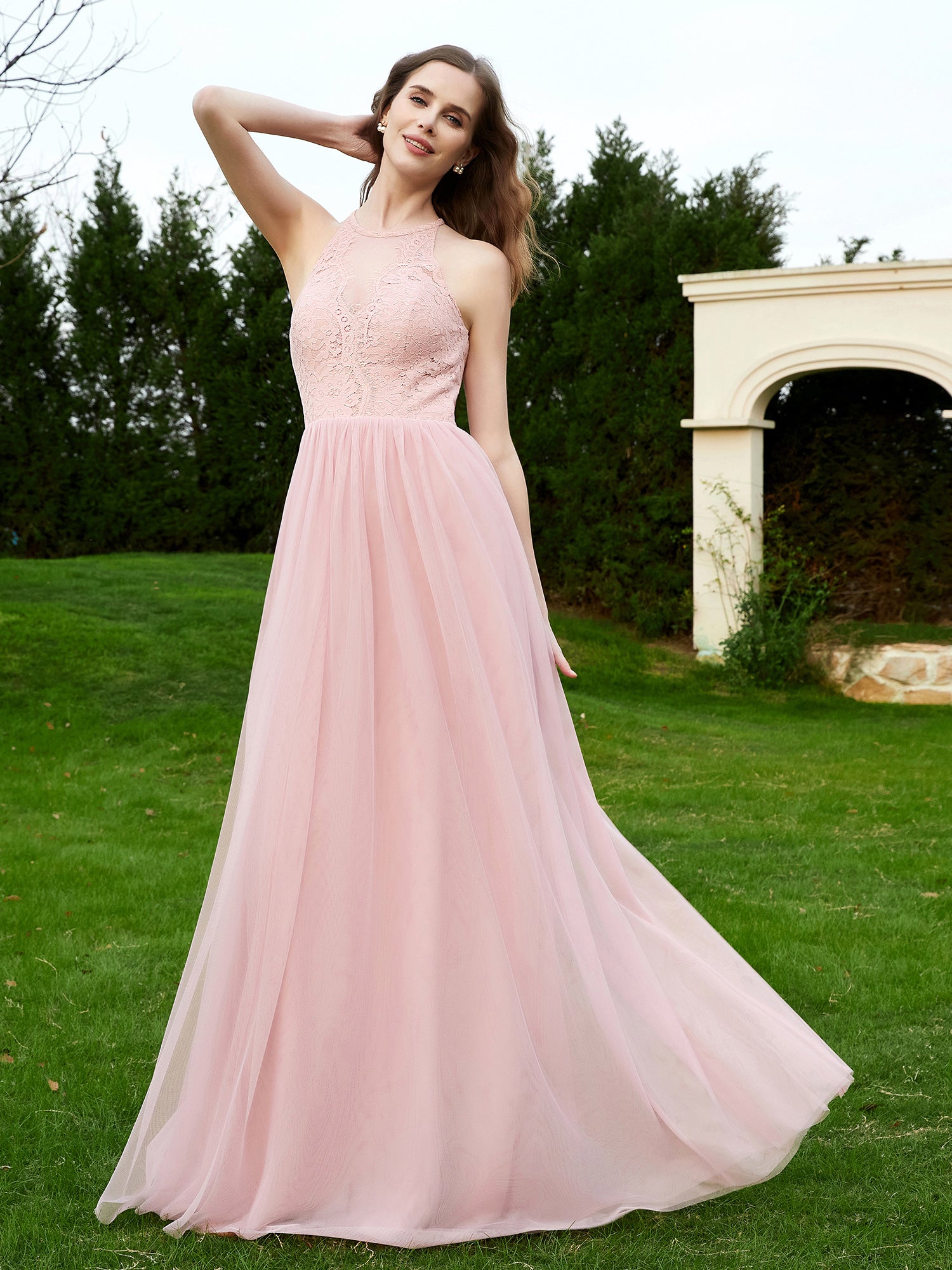 BABARONI Lace Tulle Dusty Rose Bridesmaid Dresses A-line Halter  Floor-length Sleeveless – BABARONI UK