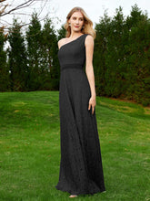 One Shoulder Sleeveless Lace Dress With Sash Black