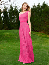 One Shoulder Sleeveless Lace Dress With Sash Fuchsia