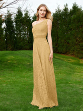 One Shoulder Sleeveless Lace Dress With Sash Gold