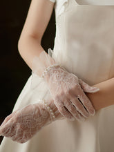 Short Lace Gloves with Sheer Fabric and Pearl Accents