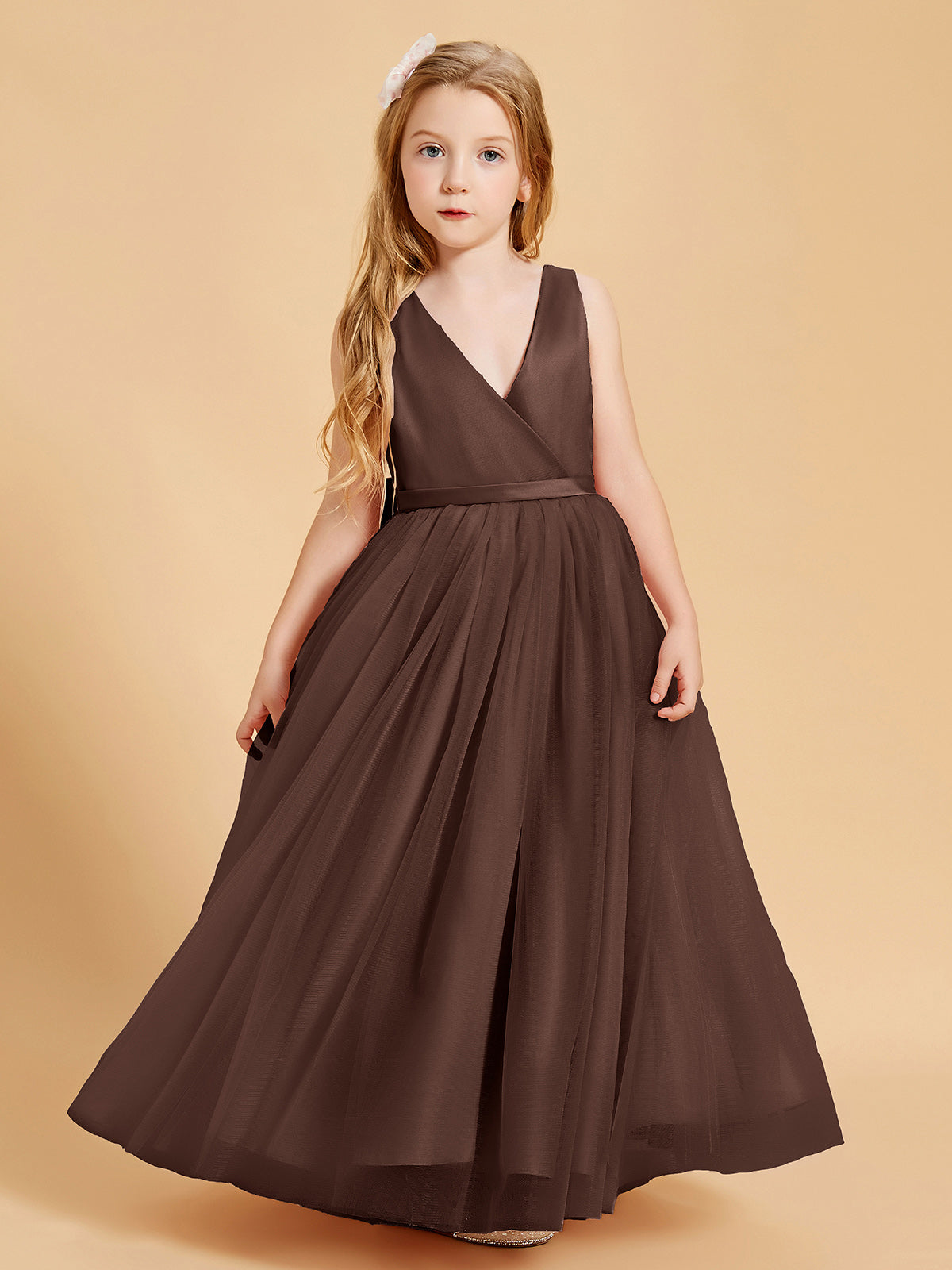 BABARONI Tulle Chocolate Junior Bridesmaid Dresses A-line V-neck Floor-length Sleeveless – BABARONI UK