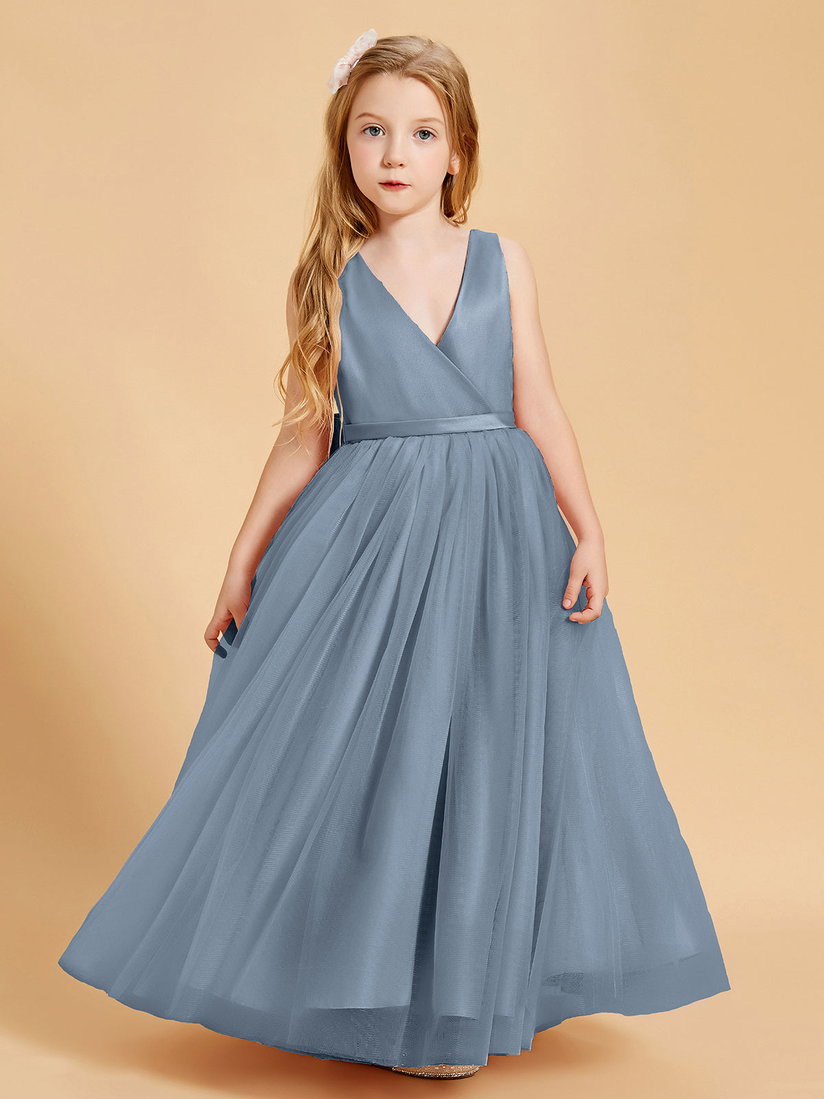 BABARONI Tulle Dusty Blue Junior Bridesmaid Dresses A-line V-neck Floor-length Sleeveless BABARONI UK BABARONI Tulle Dusty Blue Junior Bridesmaid Dresses A-line V-neck Floor-length Sleeveless BABARONI UK
