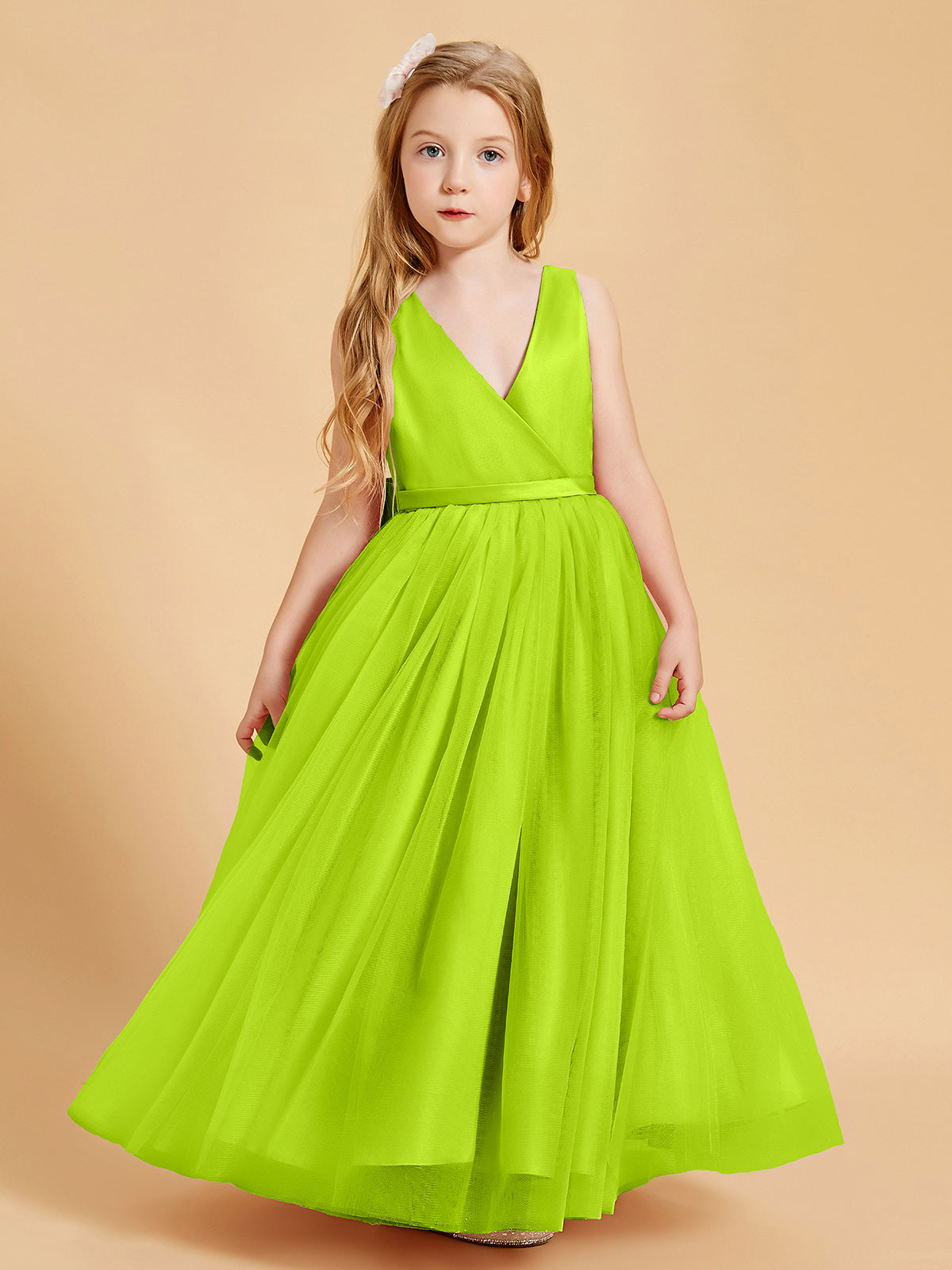 BABARONI Tulle Lime Green Junior Bridesmaid Dresses A-line V-neck Floor-length Sleeveless BABARONI UK BABARONI Tulle Lime Green Junior Bridesmaid Dresses A-line V-neck Floor-length Sleeveless BABARONI UK