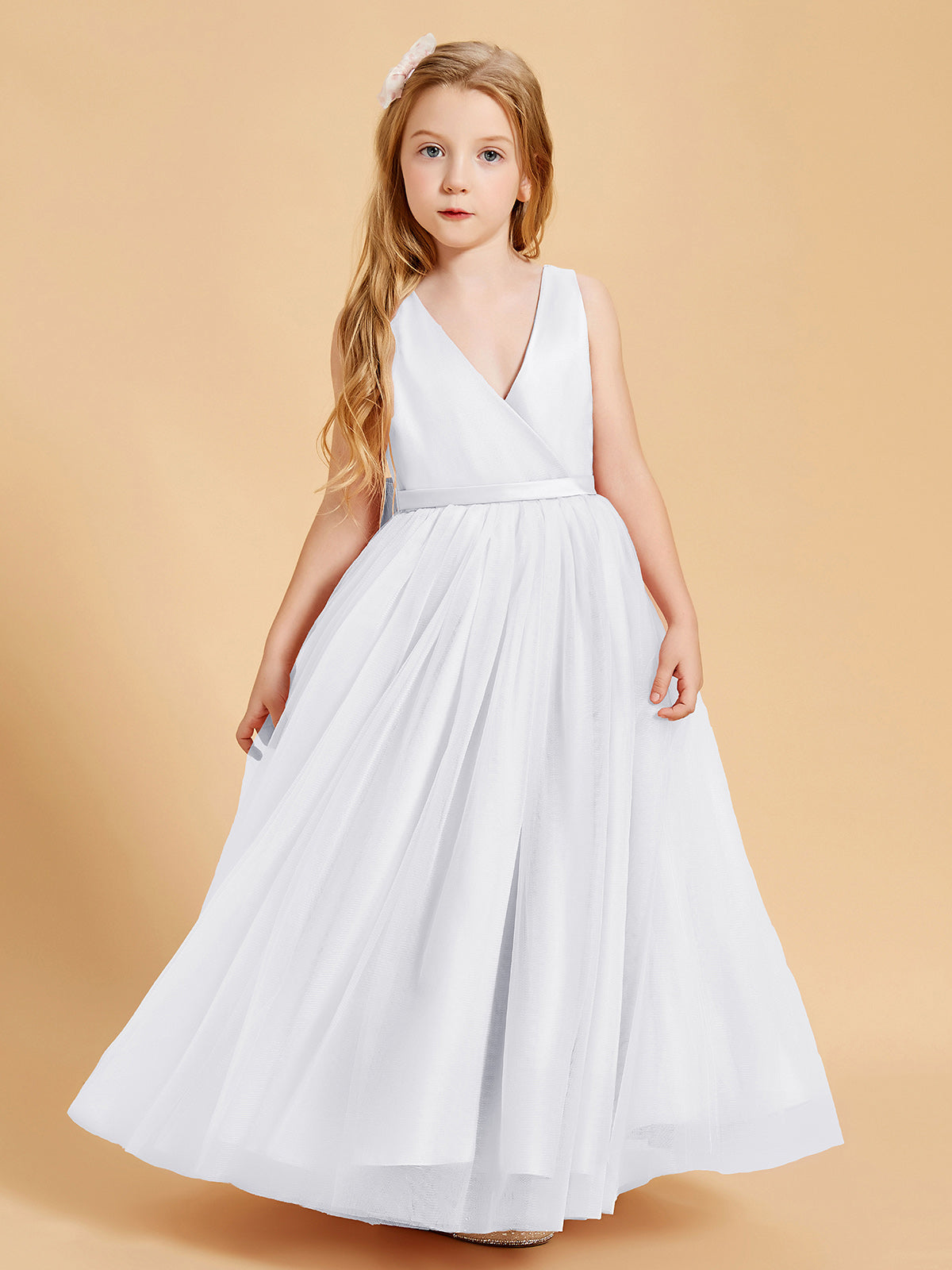 BABARONI Tulle White Junior Bridesmaid Dresses A-line V-neck Floor-length  Sleeveless – BABARONI UK