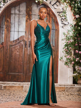 Sheath V-neck Beaded High Slit Stretch Satin Long Gowns Dark Green