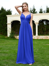 Spaghetti Straps V-neck Ruched Chiffon Dress Royal Blue