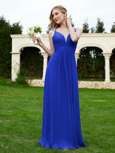 Spaghetti Straps V-neck Ruched Chiffon Dress Royal Blue