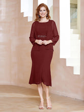 Sheath Scoop Neckline Tea-Length Chiffon Dress Burgundy