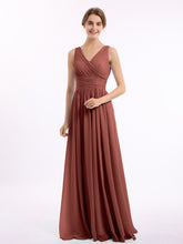 Long Chiffon Dress with V Neck & Pleated Upper Bodice Terracotta